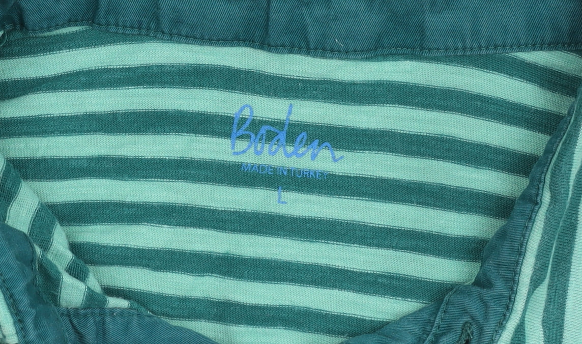 Boden Men's Green Striped Collared T-Shirt L Cotton Short Sleeve