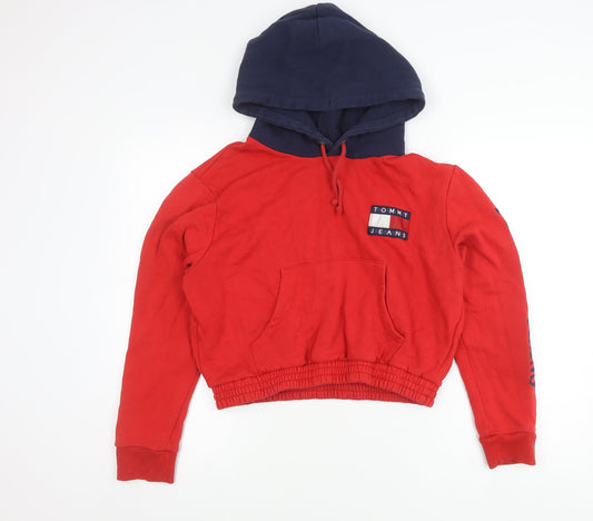 Tommy Jeans Women’s Red & Navy Hoodie L Logo Pullover Cotton Blend