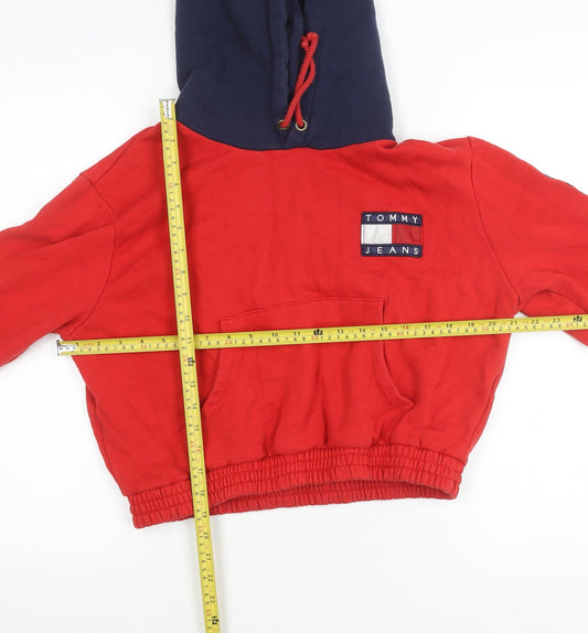 Tommy Jeans Women’s Red & Navy Hoodie L Logo Pullover Cotton Blend
