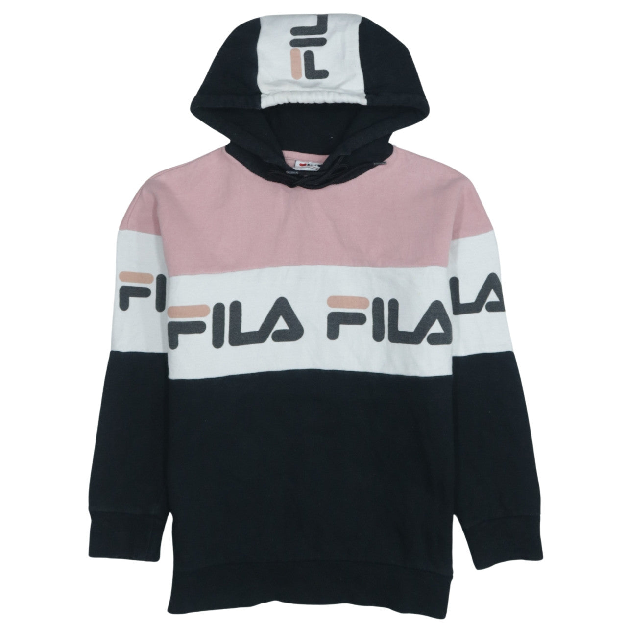 Fila Womens 2XS Black Pink White Pullover Hoodie Colourblock Logo
