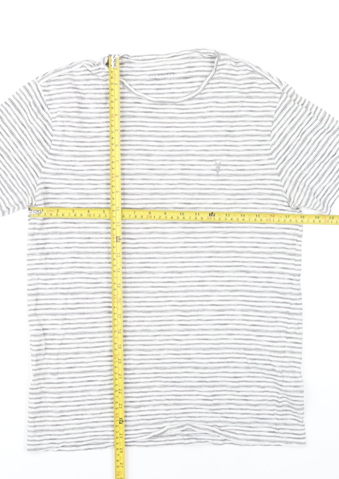 AllSaints Men Grey Striped Crew Neck T-Shirt Size S Slim Fit