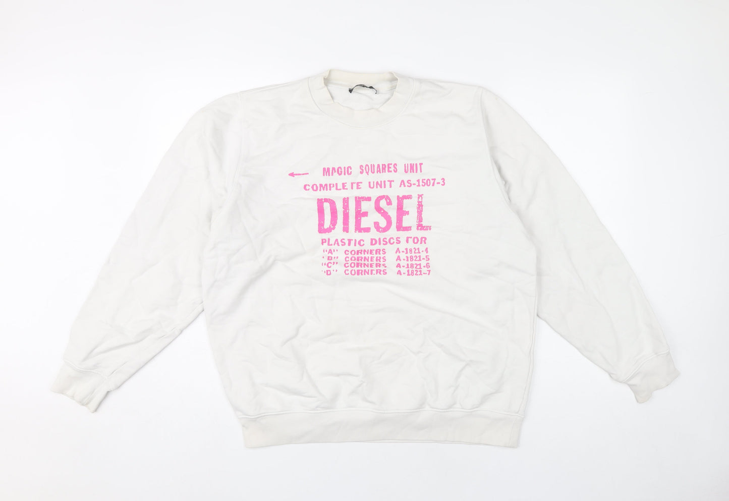 Diesel Unisex White Cotton Pullover Sweatshirt L Logo Graphic