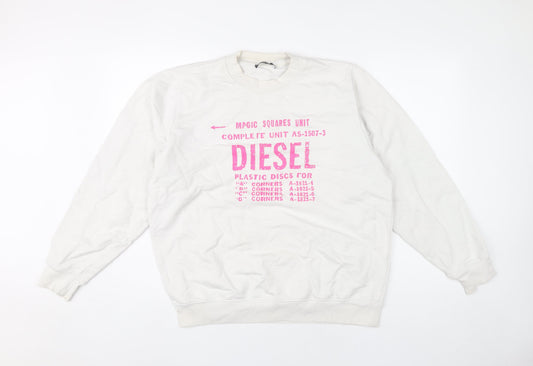 Diesel Unisex White Cotton Pullover Sweatshirt L Logo Graphic