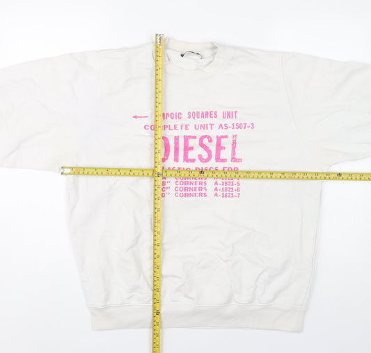 Diesel Unisex White Cotton Pullover Sweatshirt L Logo Graphic