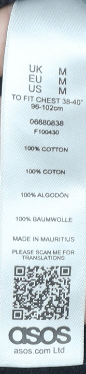Brand and care label for ASOS Men’s Black Pullover Hoodie Medium Graphic Print Retro Style