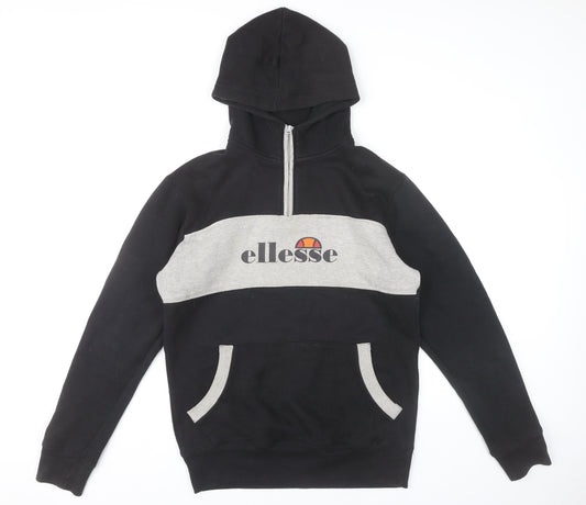 Additional front view of Ellesse men’s black grey pullover hoodie m logo 1/2 zip sportswear