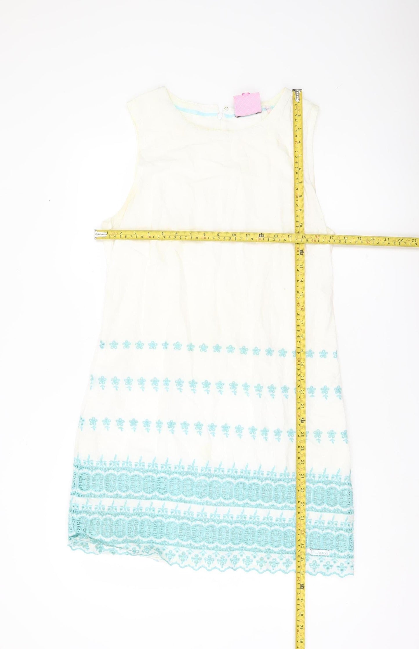 Superdry Women White Shift Dress L Embroidered Floral Boho Knee Length