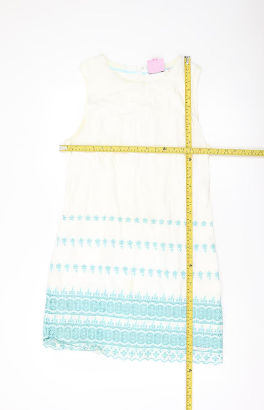 Superdry Women White Shift Dress L Embroidered Floral Boho Knee Length