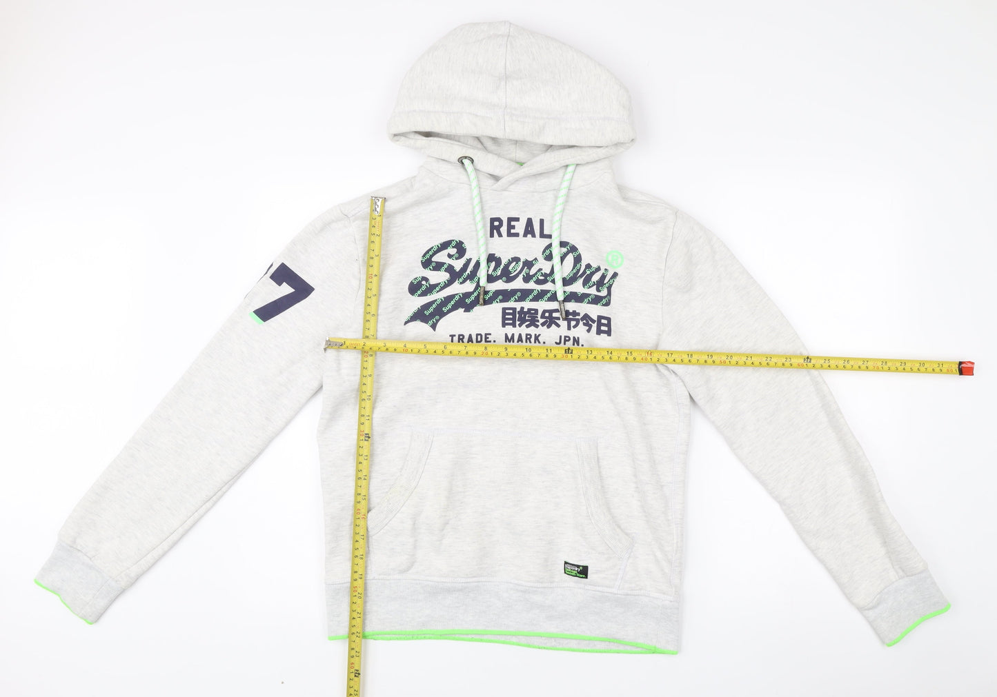 Superdry Men’s Grey Pullover Hoodie Small Logo Print Long Sleeve