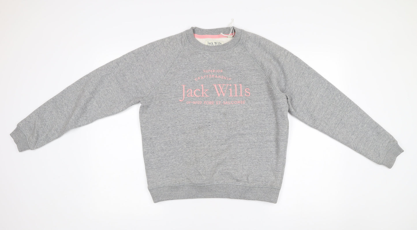 Jack Wills Womens Grey Logo Sweatshirt UK 10 Cotton Blend Pullover
