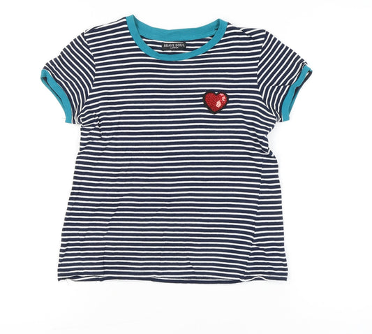 Brave Soul Women’s XS Blue Striped Sequin Heart Cotton T-Shirt