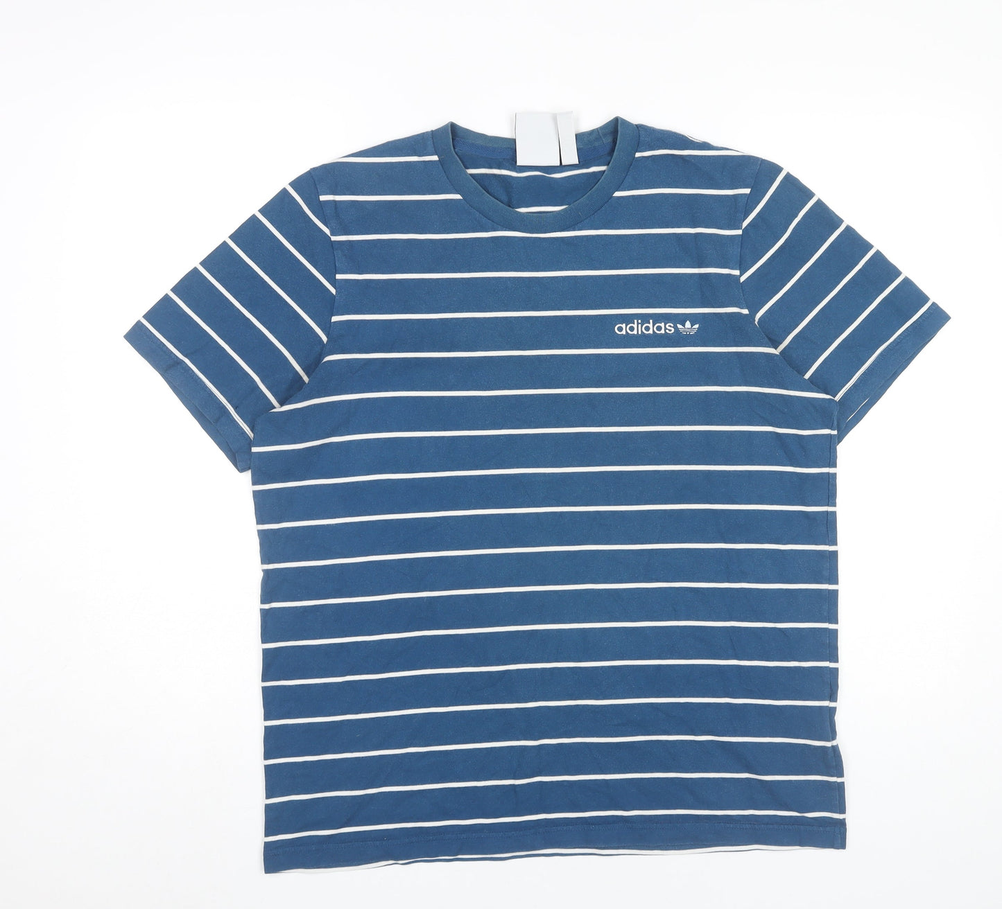 Adidas Mens Blue Striped Cotton T-Shirt Size M Short Sleeve Crew Neck