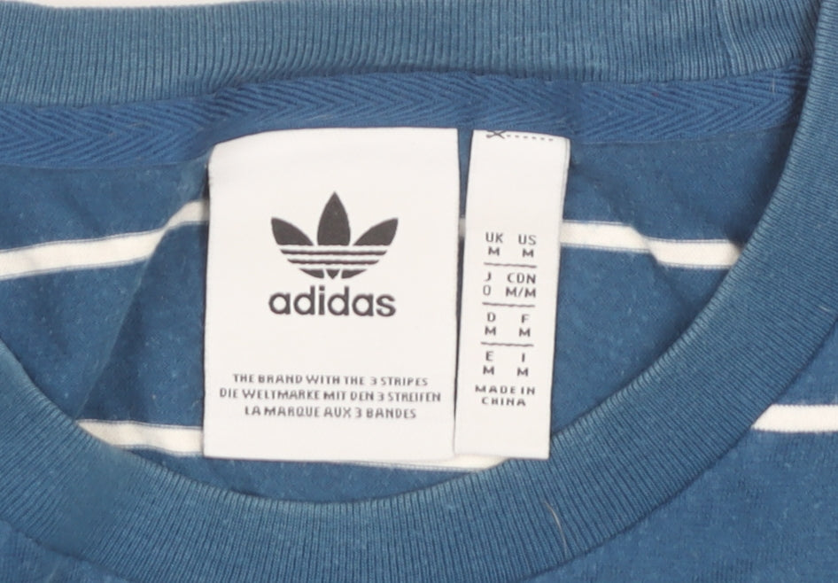 Adidas Mens Blue Striped Cotton T-Shirt Size M Short Sleeve Crew Neck