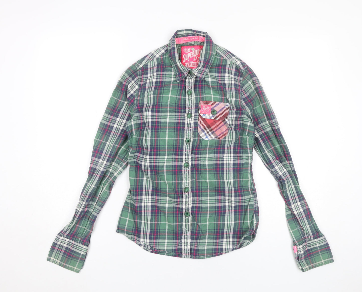 Superdry Womens Green Plaid Cotton Button-Up Shirt 2XS Slim Fit
