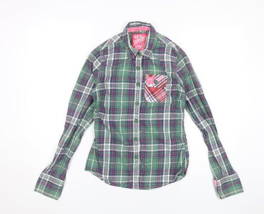 Superdry Womens Green Plaid Cotton Button-Up Shirt 2XS Slim Fit