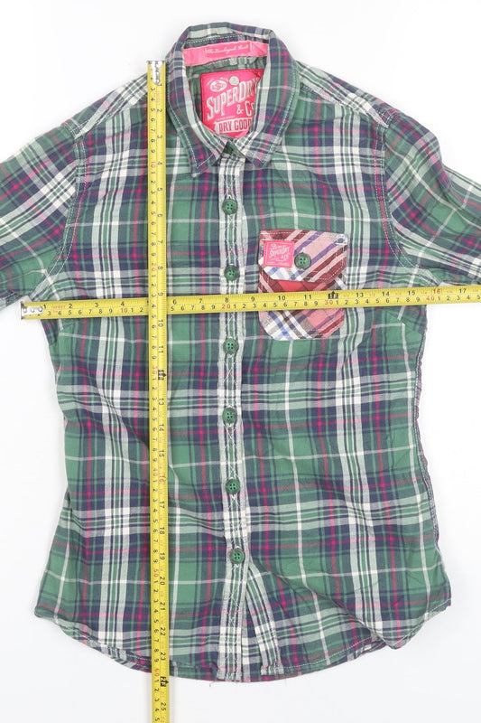 Superdry Womens Green Plaid Cotton Button-Up Shirt 2XS Slim Fit