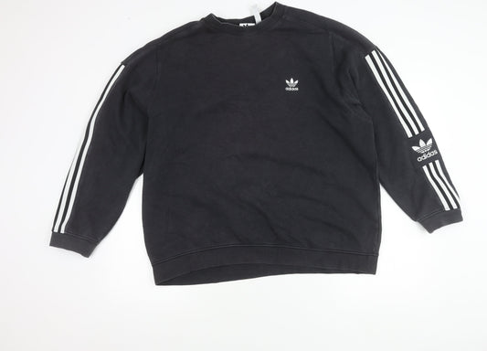 Adidas Mens Black Crew Neck Sweatshirt L Pullover Logo Stripe Sportswear