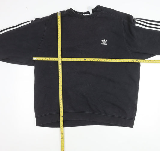 Adidas Mens Black Crew Neck Sweatshirt L Pullover Logo Stripe Sportswear