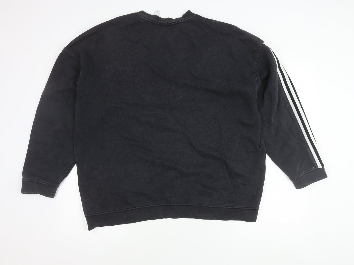 Adidas Mens Black Crew Neck Sweatshirt L Pullover Logo Stripe Sportswear
