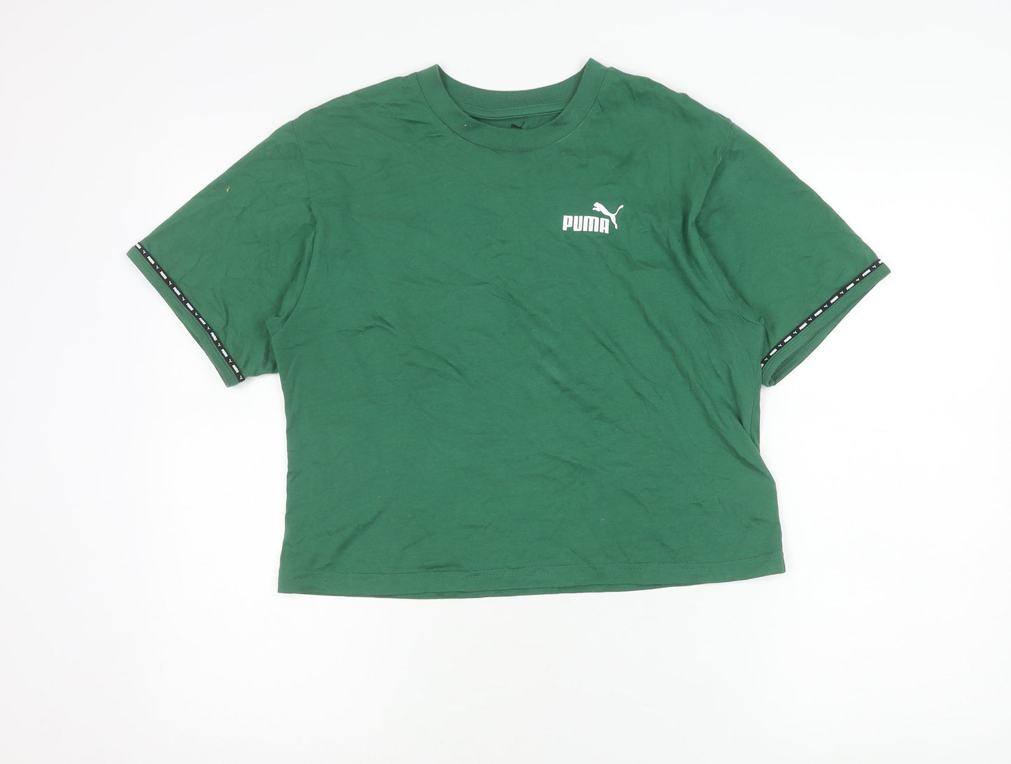 Puma Womens Green Cropped T-Shirt Size S Crew Neck Logo Casual Top
