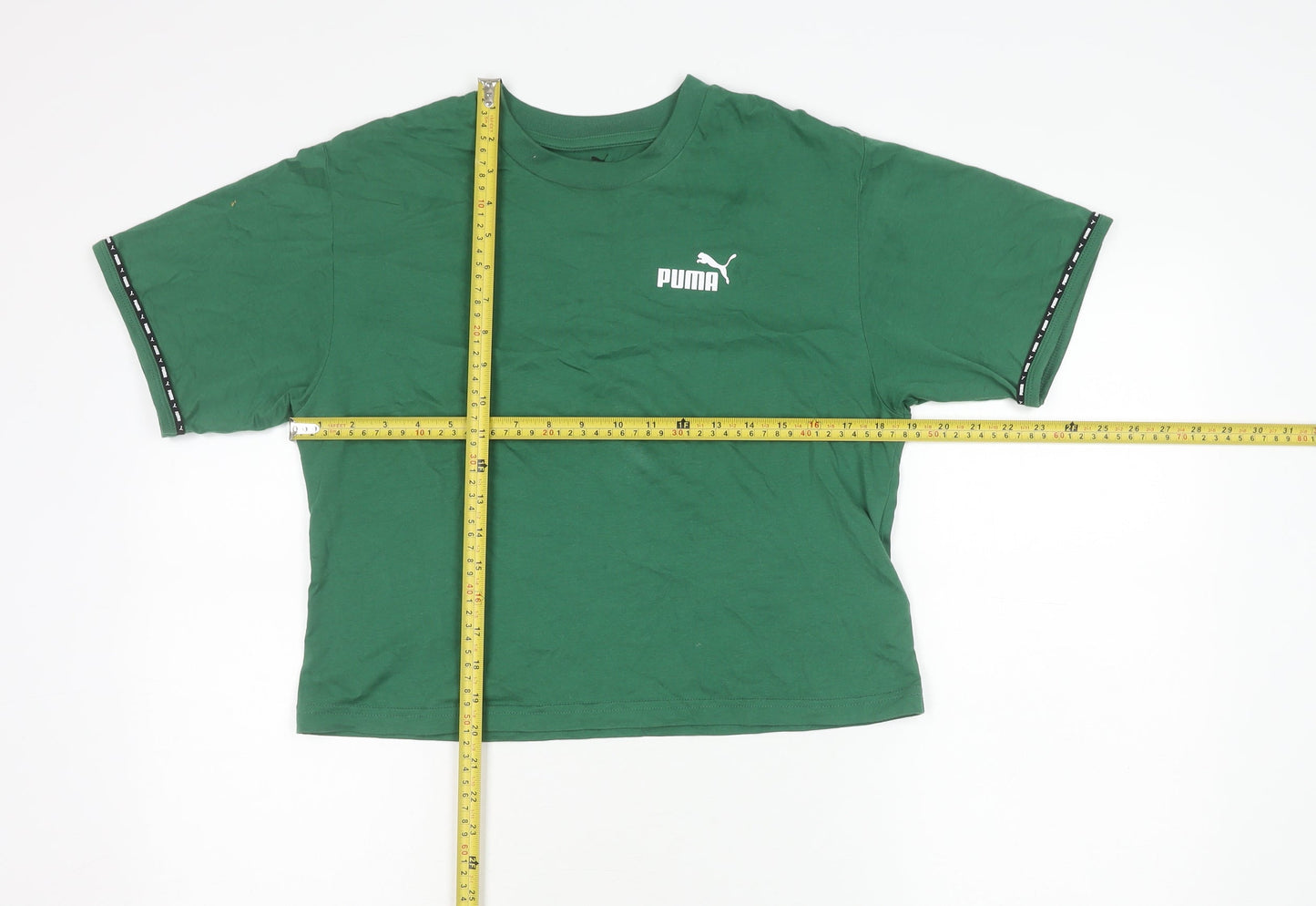 Puma Womens Green Cropped T-Shirt Size S Crew Neck Logo Casual Top