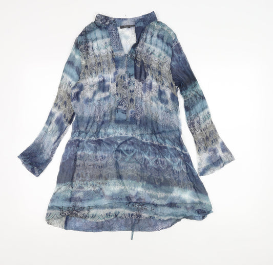 Passport Womens Blue Sheer Tunic Blouse Size 8 Long Sleeve V-Neck