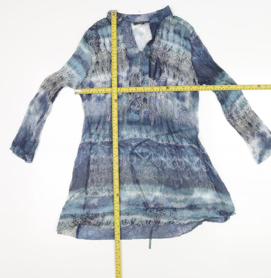 Passport Womens Blue Sheer Tunic Blouse Size 8 Long Sleeve V-Neck