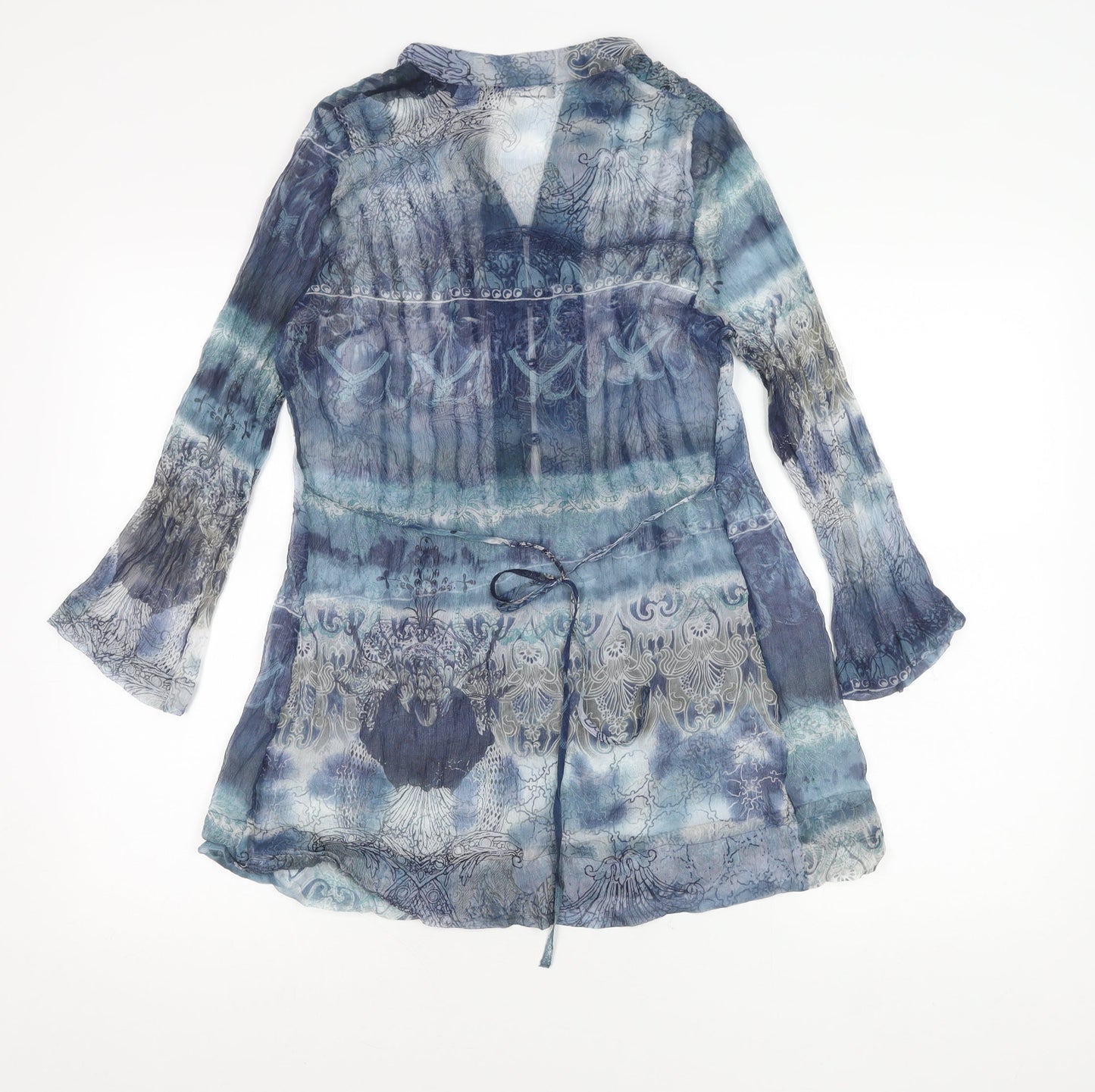 Passport Womens Blue Sheer Tunic Blouse Size 8 Long Sleeve V-Neck