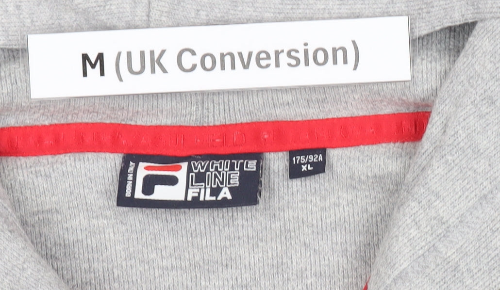 Brand and care label for Fila men’s grey henley hoodie, size M, hooded sweatshirt logo sports
