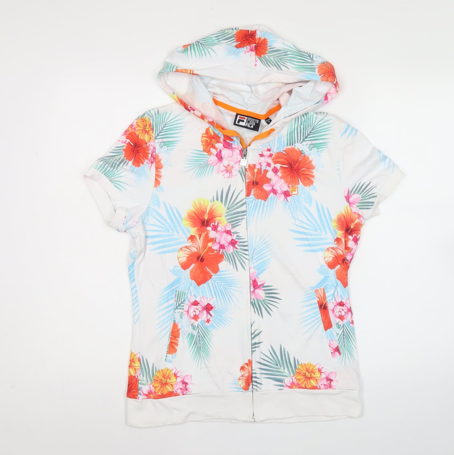 Fila Women’s White Floral Full Zip Hoodie UK 12 Short Sleeve Summer