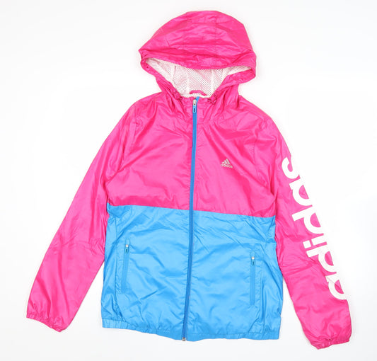 Adidas Womens Pink Blue Windbreaker Jacket Size 12 Hooded Sports