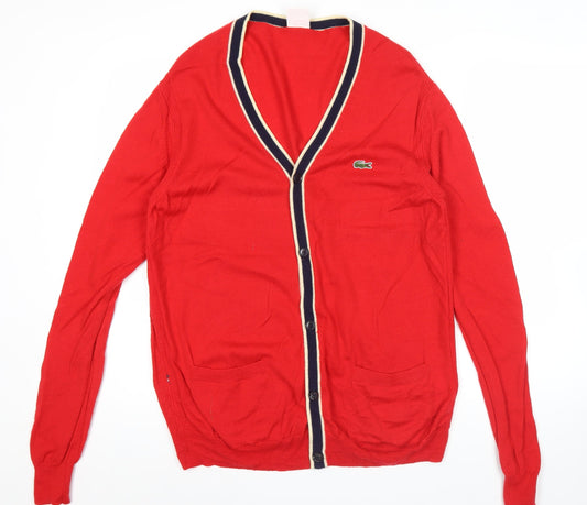 Lacoste Men's Red Cotton Knit Cardigan Jumper Size S V-Neck Logo