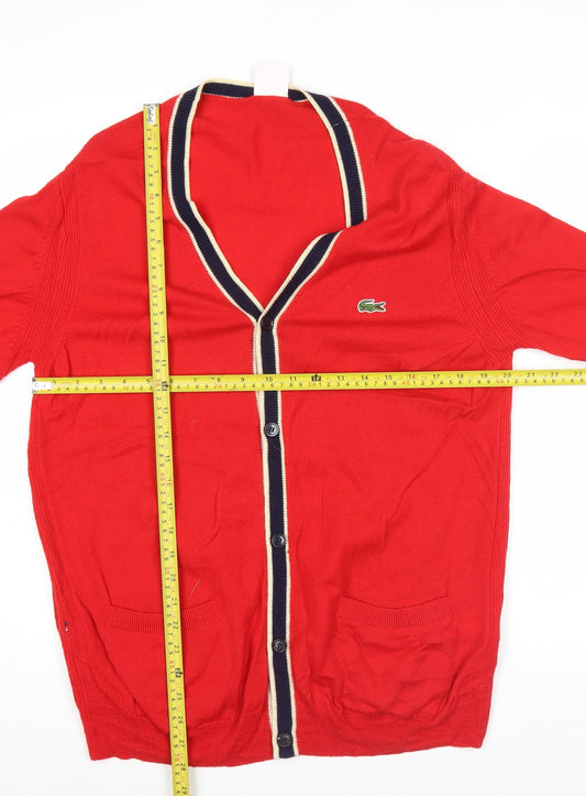 Lacoste Men's Red Cotton Knit Cardigan Jumper Size S V-Neck Logo