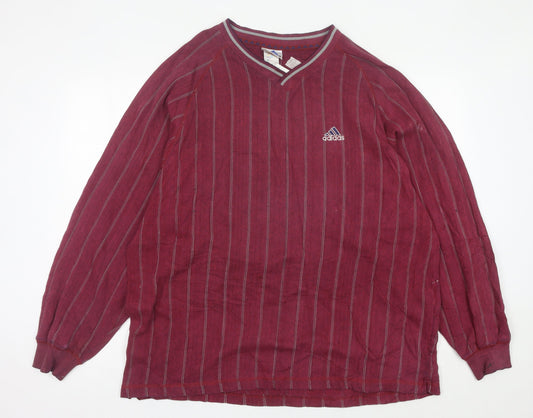 Adidas Men’s Red Striped Sweatshirt L V-Neck Long Sleeve Vintage
