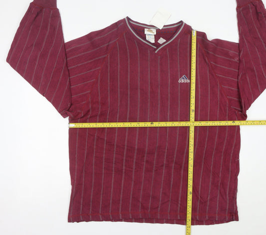 Adidas Men’s Red Striped Sweatshirt L V-Neck Long Sleeve Vintage