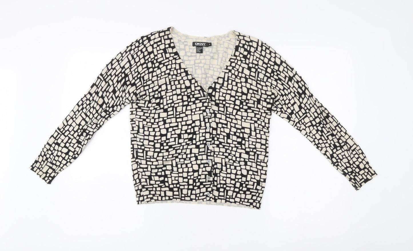 DKNY Womens Black White Silk Cashmere V-Neck Cardigan M