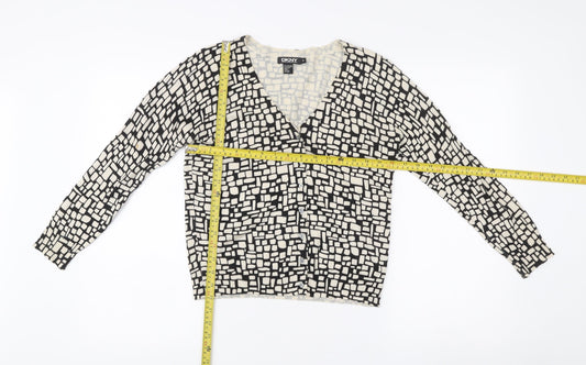 DKNY Womens Black White Silk Cashmere V-Neck Cardigan M