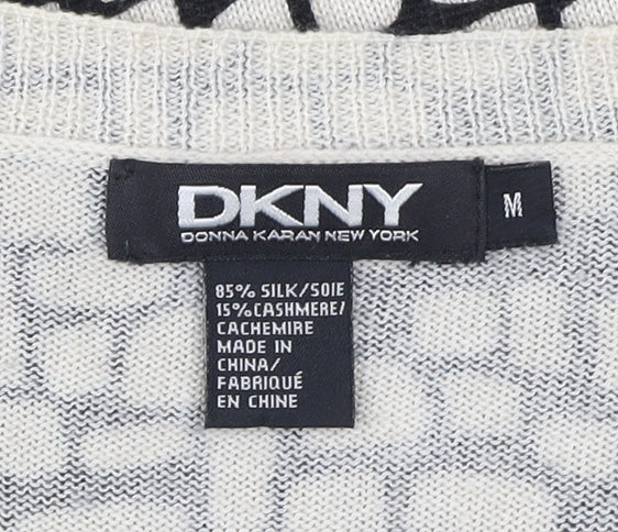 DKNY Womens Black White Silk Cashmere V-Neck Cardigan M