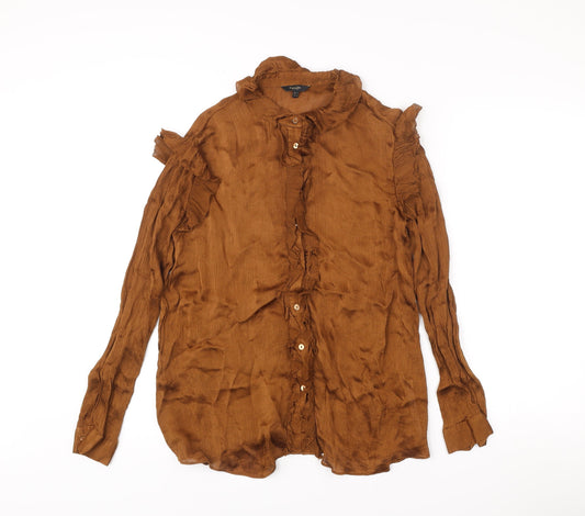 Massimo Dutti Women’s Brown Ruffle Blouse Size 12 Long Sleeve Viscose