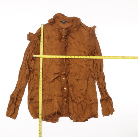 Massimo Dutti Women’s Brown Ruffle Blouse Size 12 Long Sleeve Viscose