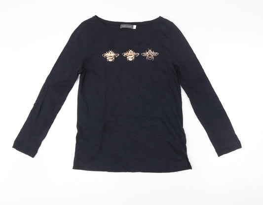 Mint Velvet Womens Black XS Cotton Long Sleeve Embroidered Bee Top