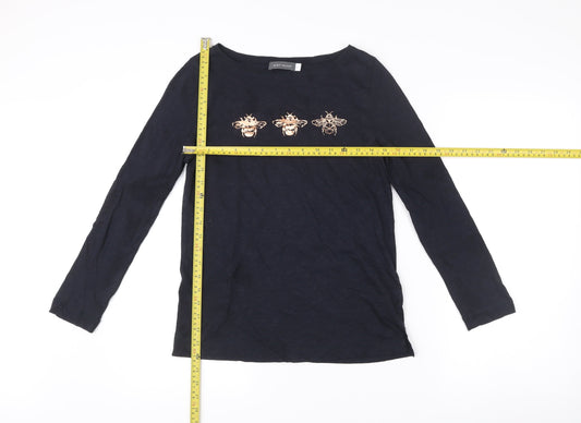 Mint Velvet Womens Black XS Cotton Long Sleeve Embroidered Bee Top