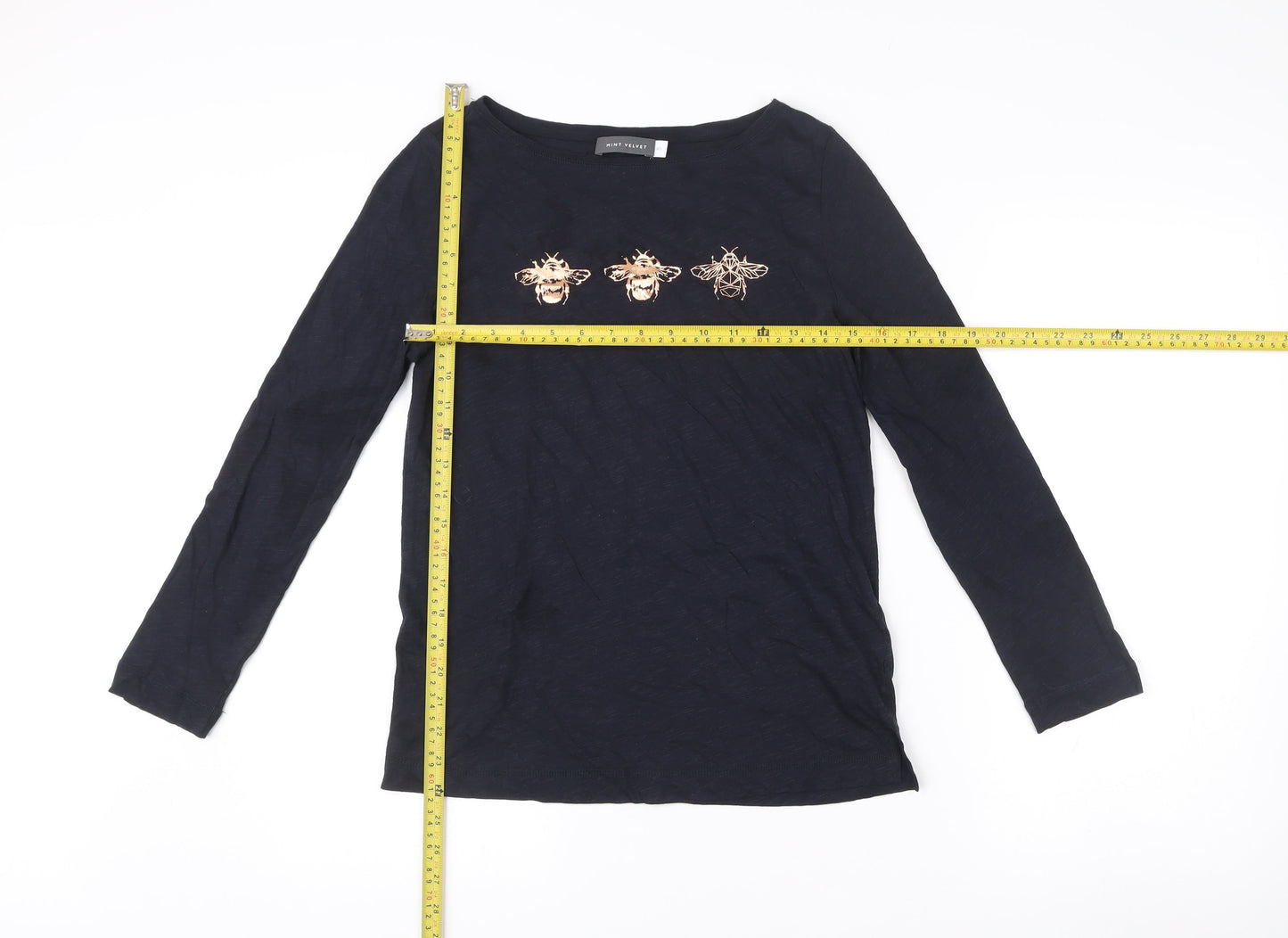 Mint Velvet Womens Black XS Cotton Long Sleeve Embroidered Bee Top