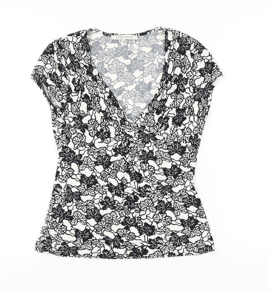 Laura Ashley Womens Black White Floral Blouse UK 12 Short Sleeve V-Neck Wrap