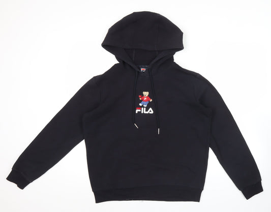 Fila Womens Black Hoodie Size 10 Pullover Bear Embroidered Logo