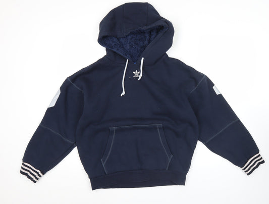 Adidas Mens Blue Pullover Hoodie M Logo Fleece Lined Sportswear