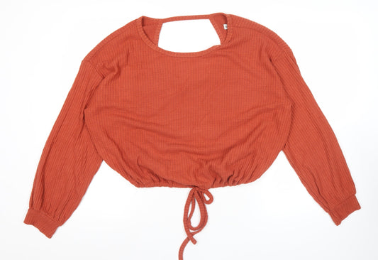 Hollister Women’s Orange Cropped Knit Blouse Size M Long Sleeve Tie