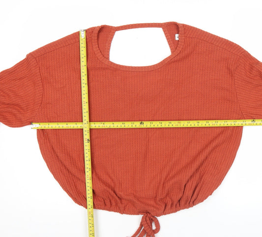 Hollister Women’s Orange Cropped Knit Blouse Size M Long Sleeve Tie