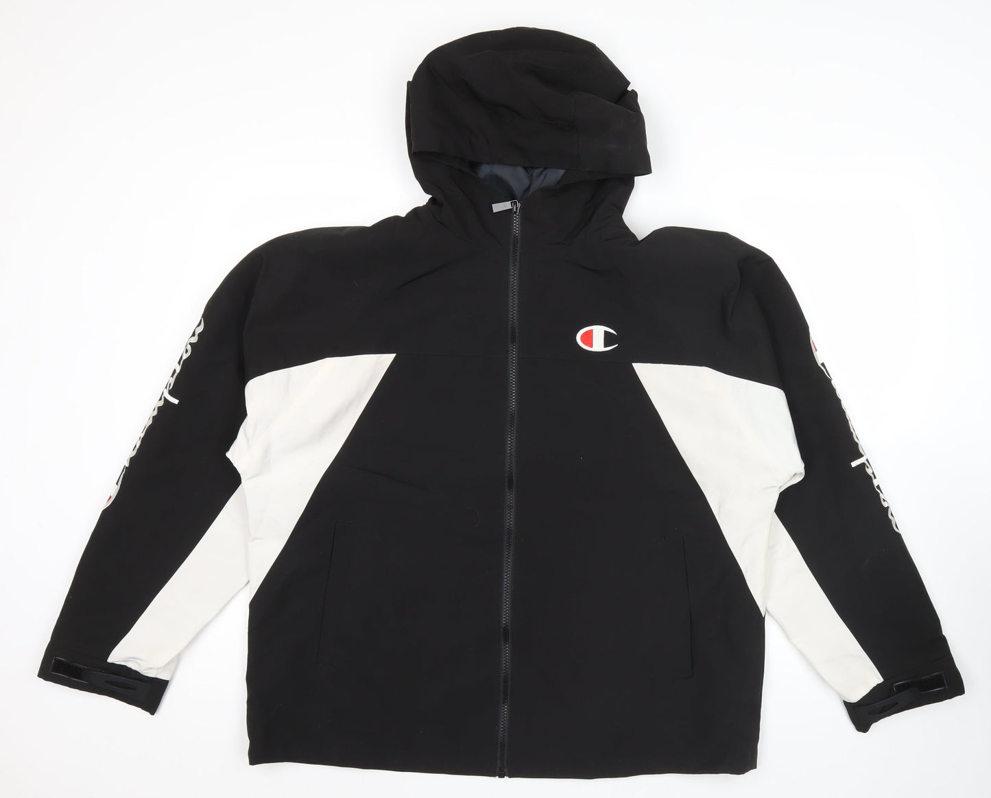 Champion Men’s Black White Hooded Puffer Jacket Size L Logo Sports