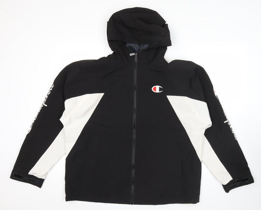 Champion Men’s Black White Hooded Puffer Jacket Size L Logo Sports